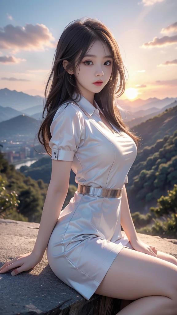 ulzzang-6500-v1.1, (RAW photo: 1.2), (Real photo), (Real photo: 1.4), 1 girl、Perfect anatomy、1、Looking at the camera、Medium length hair、Uniform sexy dress, watching the sunset, ((in the mountains: 1.1))、(Business service)、Asian eyes Ella,