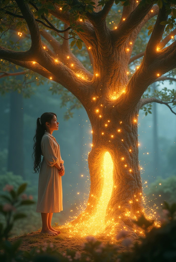/imagine prompt: 3d, personality: [Capture a close-up of the Magical Tree with ethereal features, its bark shimmering as if alive, radiating a warm, inviting light. Include wisps of gentle light floating around, creating an aura of magic. Lily stands nearby, looking startled and wide-eyed, her emotions reflected in her facial expression as she whispers to herself, intrigued yet intimidated.] unreal engine, hyper real --q 2 --v 5.2 --ar 16:9