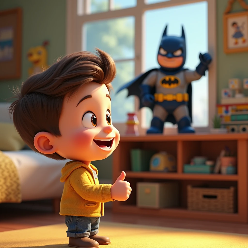 Image type: Pixar cartoon of a  boy, short brown hair, big cage eyes, Expression of a happy and friendly child. The boy is smiling and looking at the shelf where his Batman toy is and you can clearly see that Batman is winking at him. 