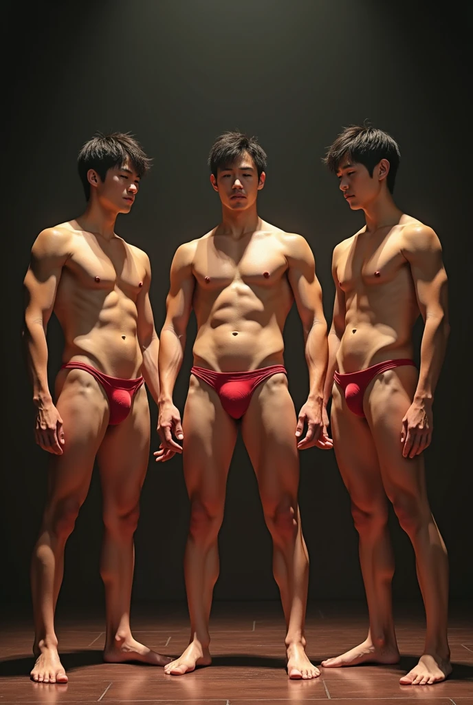 Five handsome men、、Japanese、Mash Hair、Completely naked、Full nudity、erection、Huge penis、Huge bulge、On stage、Sad look、Red thin-strap swimsuit、A presenter with a microphone next to him