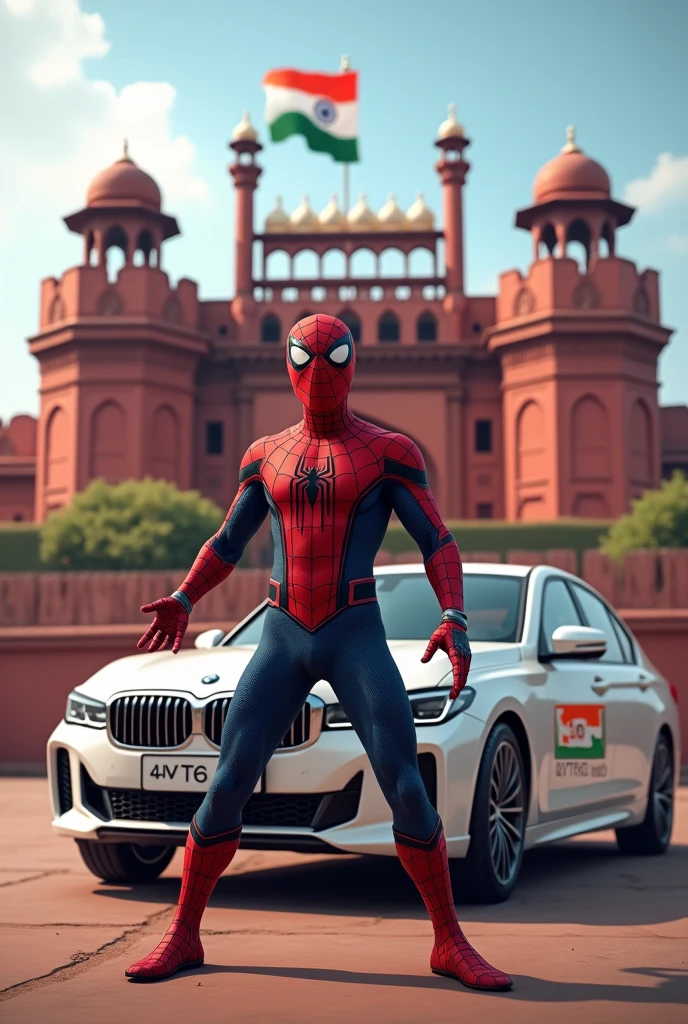 Red fort Indian flag,A car is parked in front of the Red Fort, Government of India is written on the car, Spider-Man Unique is posing in front of the car