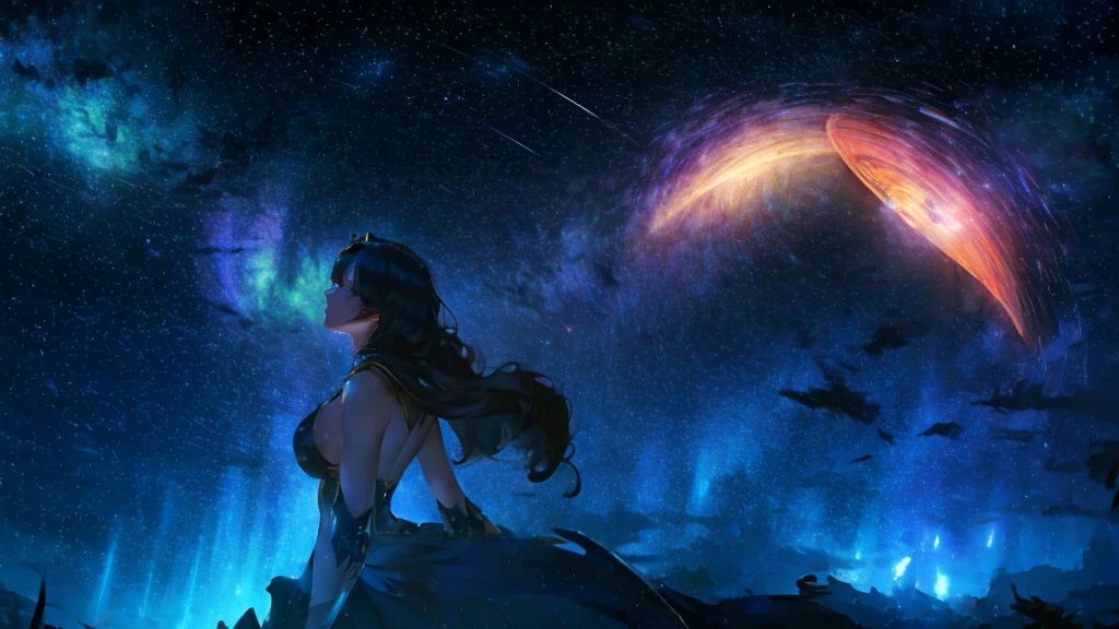 8K resolution, masterpiece, Highest quality, Award-winning works, unrealistic, sole sexy lady, healthy shaped body, elegant, white wavy long hair, hair band, big firm bouncing bust, Royal Jewel, nature, Symmetric, A fighting girl gazing at the stars (Zoom out: 1.1), (Meteors: 1.2), (comet:1.1),  your name, Alolan Volaris Shooting Star, Low angle, From the back, cloud, colorful, Starry Sky, Fantasy, Unreal 5, Surreal, Dynamic Lighting, Complex colors, detailed face, detailed Beauty,
