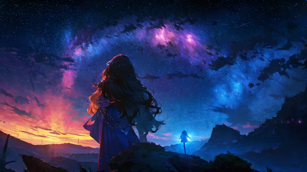 8K resolution, masterpiece, Highest quality, Award-winning works, unrealistic, sole sexy lady, healthy shaped body, elegant, white wavy long hair, hair band, big firm bouncing bust, Royal Jewel, nature, Symmetric, A fighting girl gazing at the stars (Zoom out: 1.1), (Meteors: 1.2), (comet:1.1), your name, Alolan Volaris Shooting Star, Low angle, From the back, cloud, colorful, Starry Sky, Fantasy, Unreal 5, Surreal, Dynamic Lighting, Complex colors, detailed face, detailed Beauty,