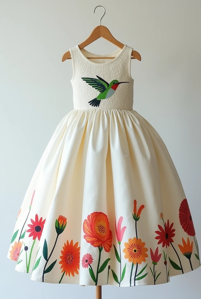 Help me create a large fabric dress with a raised pattern and a colorful hummingbird drawn in the center., and flowers around the bottom that are pretty and that you can see that they are made with paints for a girl. That it be different fashion that the fabric be white and that the flowers look good that there be fewer flowers that there be fewer flowers and large that the dress be big