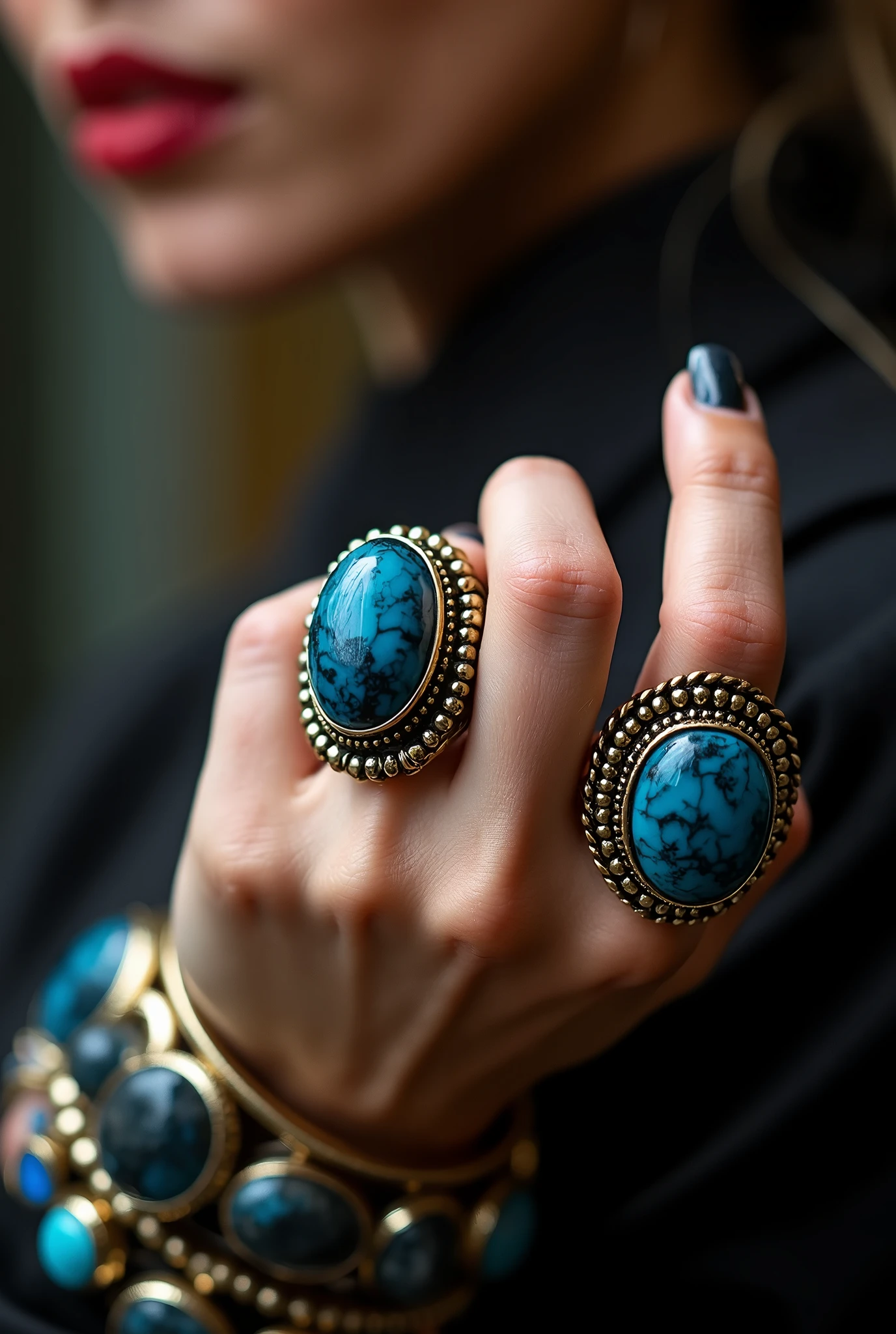 H/b photo. only jewels in color. Sophisticated, elegant female hand, almost the whole frame. On the fingers are very large, unusual rings in boho style with bright, with dark blue stones. Boho style bracelets on the wrist. Backstage the woman's body is out of focus.