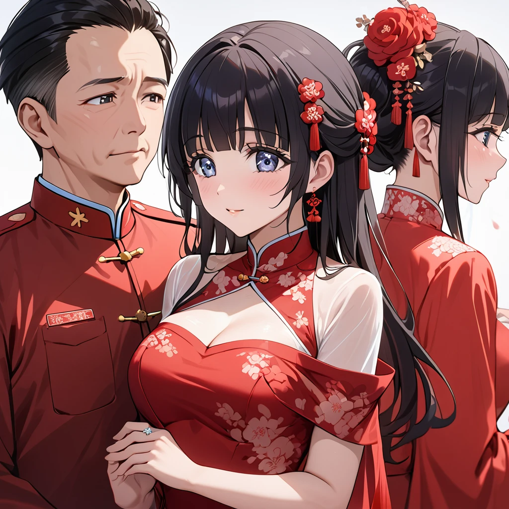 ((Highest quality)), ((masterpiece)), (detailed), （Perfect Face）、The woman is Aoki Reika, with medium-long hair, wearing a red Chinese wedding dress and an engagement ring.、The woman marries a middle-aged man who is a member of the Chinese Communist Party, becomes his wife, and becomes Chinese.