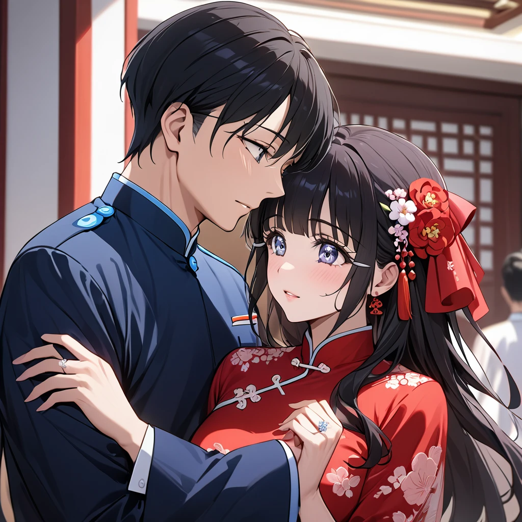 ((Highest quality)), ((masterpiece)), (detailed), （Perfect Face）、The woman is Aoki Reika, with medium-long hair, wearing a red Chinese wedding dress and an engagement ring.、The woman marries a middle-aged man who is a member of the Chinese Communist Party, becomes his wife, and becomes Chinese.