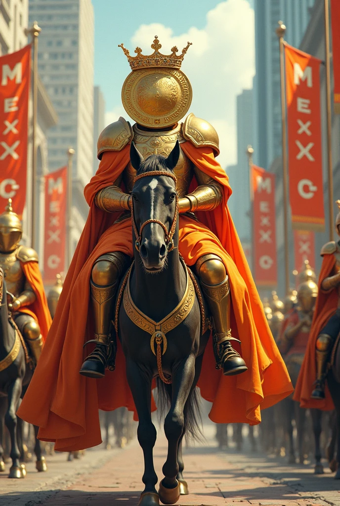 A king who has a big head and looks like a coin and has orange armor and rides a horse and has a beautiful crown enters a city with his army. At the entrance of this city , there is a flag written "MEXC" and everywhere in this city there is this flag