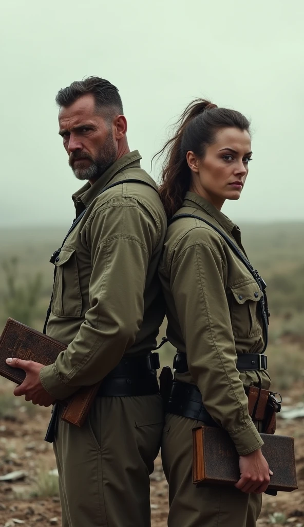 Two mature young soldiers (MALE AND FEMALE), back to back, with serious faces, with the bible in hand instead of a weapon. In inhospitable terrain, desolate because of the end of the world