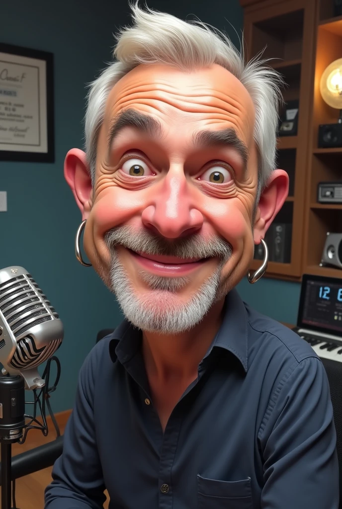 Caricature of a man, approximately 30 years old, offwhite, shorth hair, goatee, hoop earring in the left ear, American Football Podcast Producer, with image background in a podcast environment