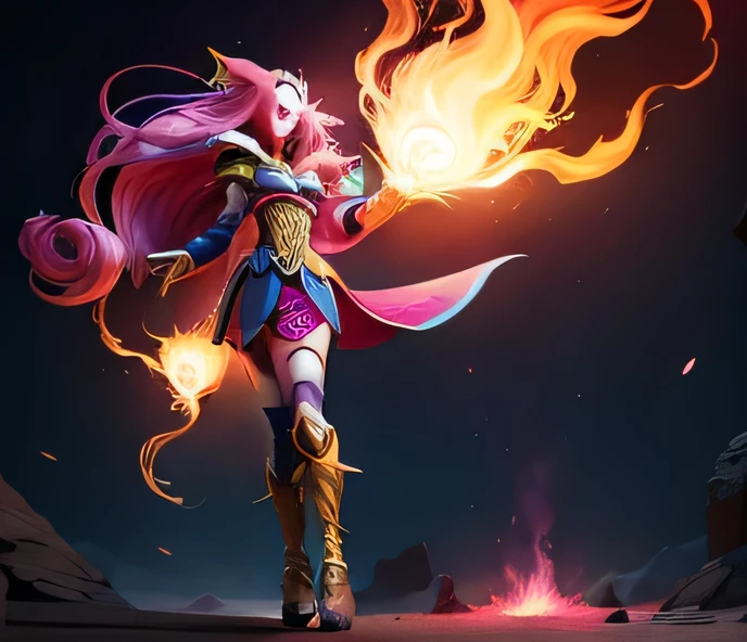 Girl with pink hair,third eye on the forehead,fantasy costume,magic,Lights,fire,Superhero