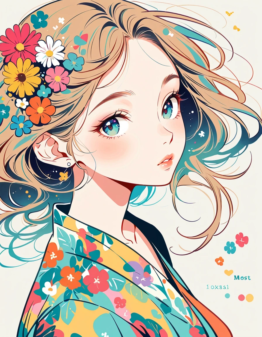 Takashi Murakami style、The most beautiful girl of all time、Lips in Love、Colorful flowers、Simple line initials、Abstract art、Urban Background,
