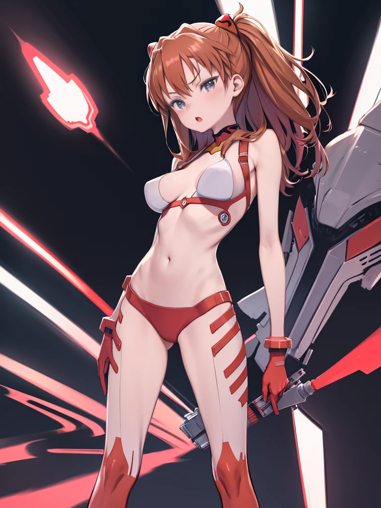 One girl, Soryu Asuka Langley, Neon Genesis EVANGELION,masterpiece,Ultra-high resolution、Red plug suit、Point one finger at the viewer、Accurate hand drawing、Big Breasts、Upper Body、Angle from below、Front view、Open your mouth、V-shaped eyebrows、Stand with your feet apart、