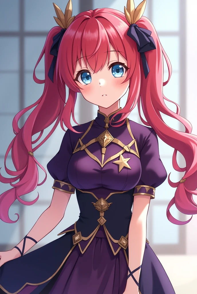 Genshin Impact Princess Outfit Idea for a Full Length Girl, anime, Long red hair with two wavy pigtails and dull blue eyes, Dark purple short clothes idea clothing gemshing impact short sleeves full body anime from head to toe