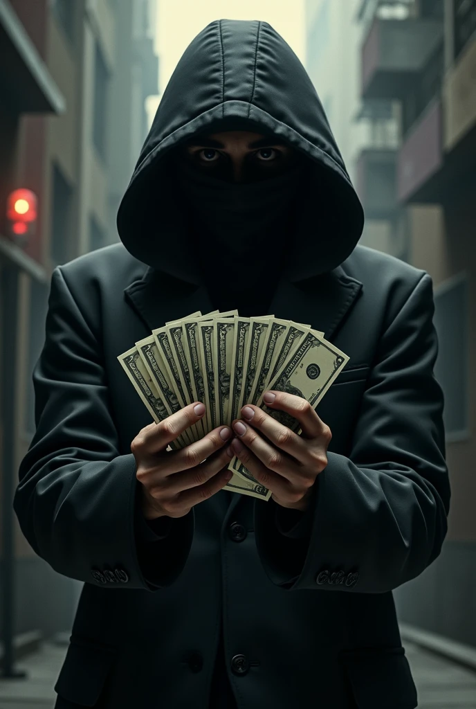 Gangstar man, holding money notes with both hands hiding the face, Artistic style