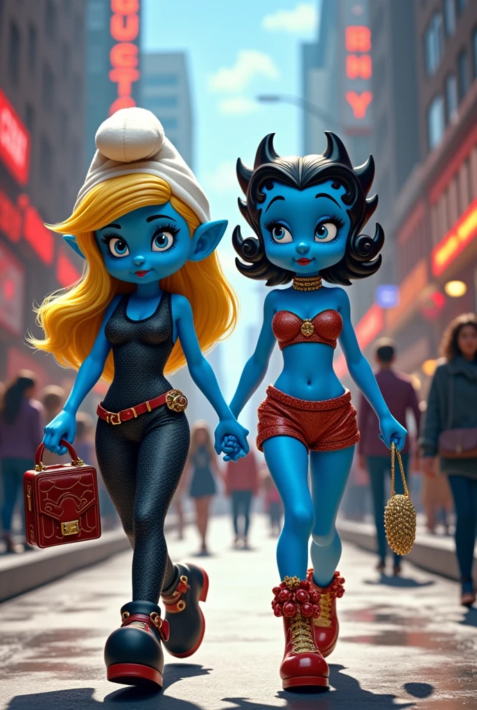  smurfette and Betty boop a cartoon characters as supermodels wearing Gucci and walking through the streets together.