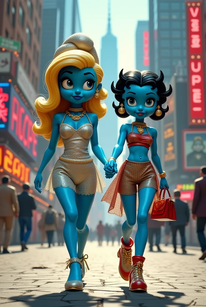 smurfette and Betty boop a cartoon characters as supermodels wearing Gucci and walking through the streets together.