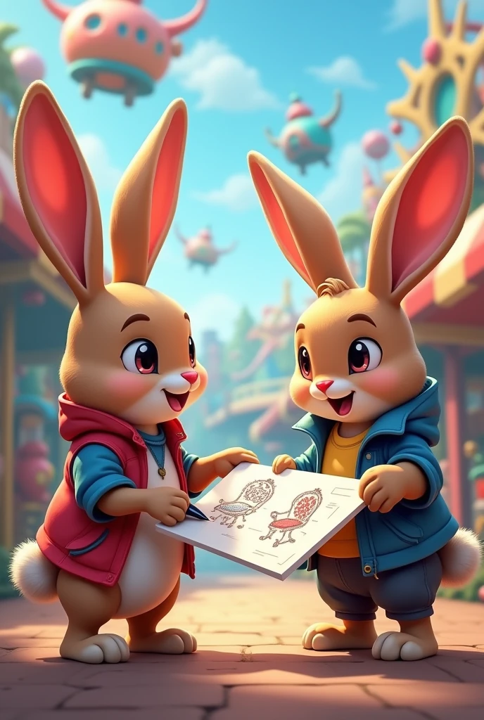 You can create two rabbits talking about building a flying chair game for an amusement park