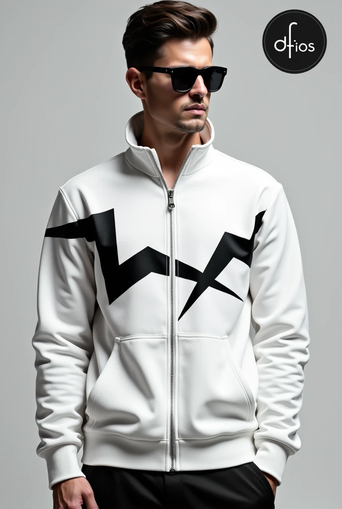 Create a white zipper sweater and a black jagged pattern on the chest and a logo that is on the top right of the chest and it says Dfios