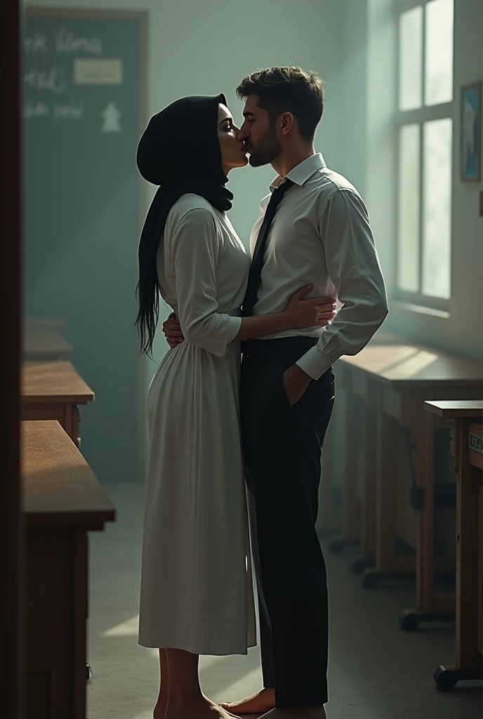 Black headscarf in class, barefoot in white long uniform, Sexy skinny female teacher kissing with a man.