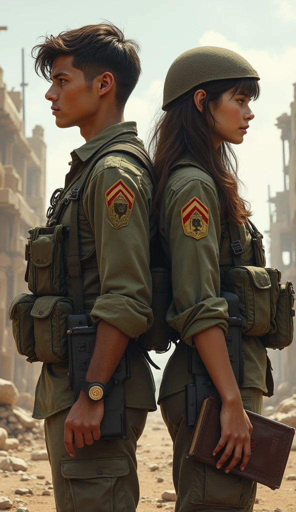 TWO YOUNG SOLDIERS (MALE AND FEMALE), back to back, with serious faces, WITH THE BIBLE INSTEAD OF A WEAPON
