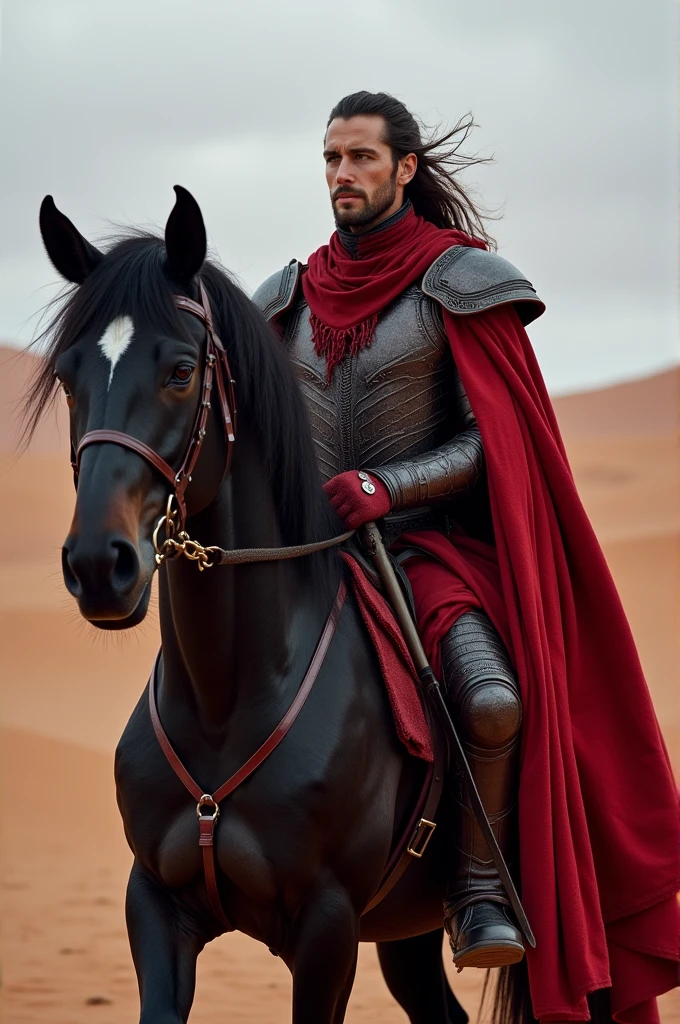 In the background a desert then a man in blood red armor, les chevaux ???? lôg avec une tresse les yeux violets