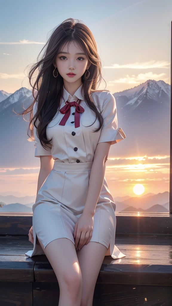 ulzzang-6500-v1.1, (RAW photo: 1.2), (Real photo), (Real photo: 1.4), 1 girl、Perfect anatomy、1、Looking at the camera、Medium length hair、Uniform sexy dress, watching the sunset, ((in the mountains: 1.1))、(Business service)、Asian eyes Ella,