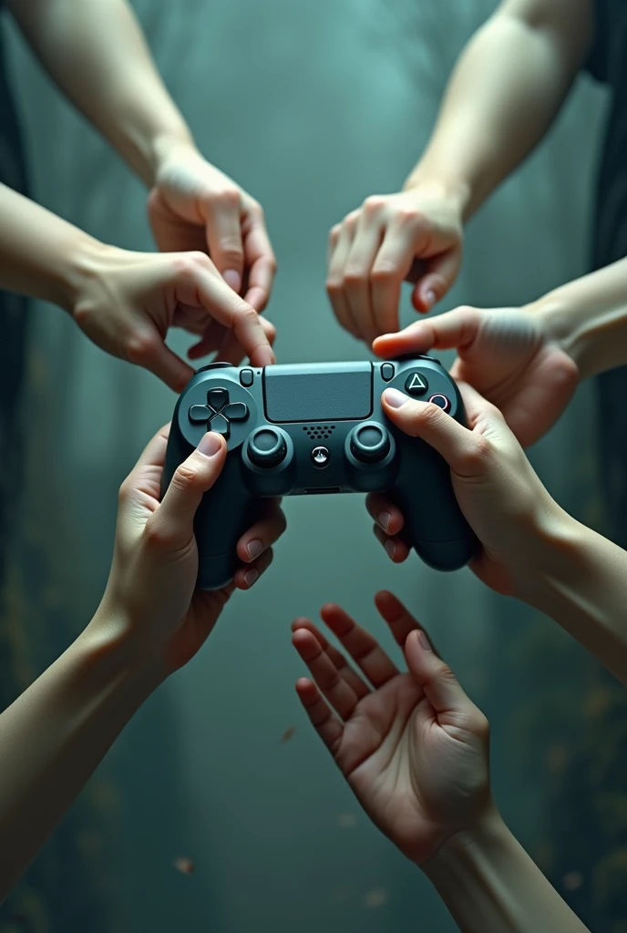 6 hands holding a video game controller