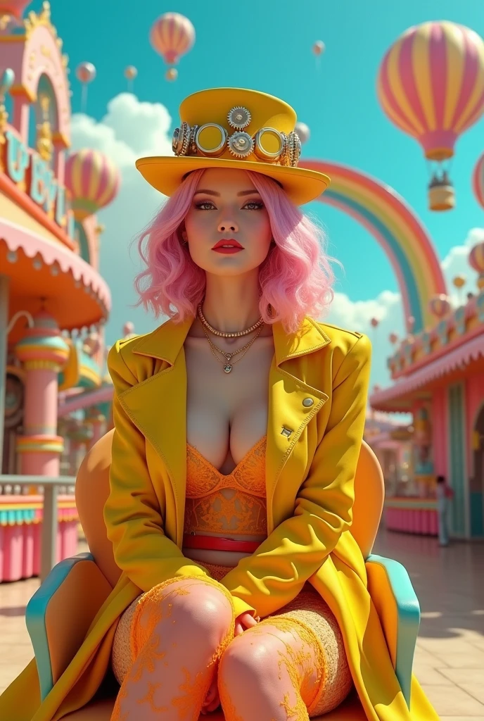 An imaginative steampunk scene with a female character in vibrant and whimsical attire. She is wearing a bright yellow leather trench coat, yellow low neckline, orange lace stockings, and red high heels. Her hair is styled in soft waves with a pink tint, and she wears a quirky top hat with steampunk gears and goggles. She ditting down on a colored chair. The background is a dreamlike carnival setting with colorful hot air balloons, rainbow arches, gears, candy elements, and playful steampunk flying machines. The atmosphere is cheerful and surreal, blending Victorian steampunk aesthetics with a pop-art twist. The color palette is bright and saturated with shades of yellow, pink, orange, and blue, creating a fun, whimsical, and lively steampunk world