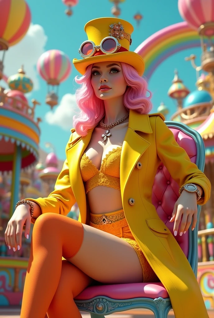 An imaginative steampunk scene with a female character in vibrant and whimsical attire. She is wearing a bright yellow leather trench coat, yellow low neckline, orange lace stockings, and red high heels. Her hair is styled in soft waves with a pink tint, and she wears a quirky top hat with steampunk gears and goggles. She ditting down on a colored chair. The background is a dreamlike carnival setting with colorful hot air balloons, rainbow arches, gears, candy elements, and playful steampunk flying machines. The atmosphere is cheerful and surreal, blending Victorian steampunk aesthetics with a pop-art twist. The color palette is bright and saturated with shades of yellow, pink, orange, and blue, creating a fun, whimsical, and lively steampunk world