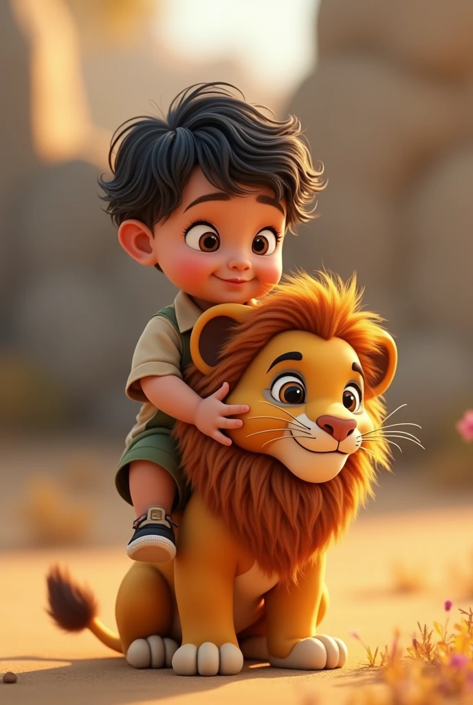 8 month old baby in safari outfit black wavy cropped hair dark round eyes full closed mouth sitting on top of a baby lion with mane Pixar 3d