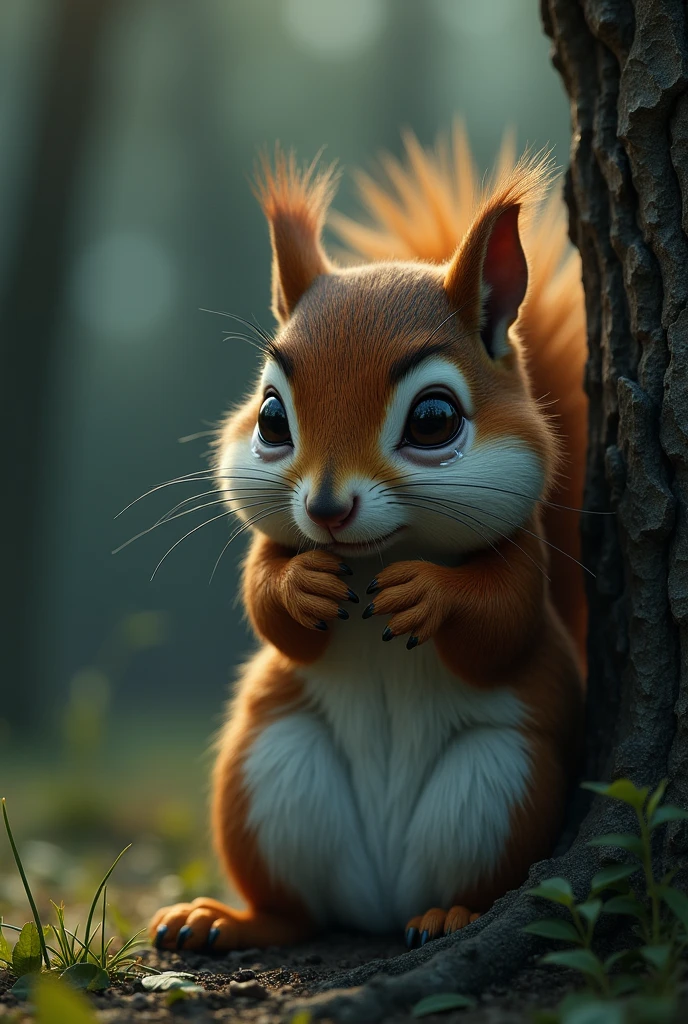 A male squirrel shedding many tears while looking at a tree  