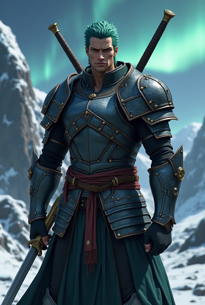 Roronoa Zoro from the anime One Piece mixed with Skyrim iron armor