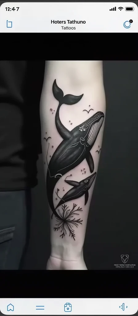 Create an arm tattoo of a realistic humpback whale swimming calmly with her calf, very beautiful in black and white