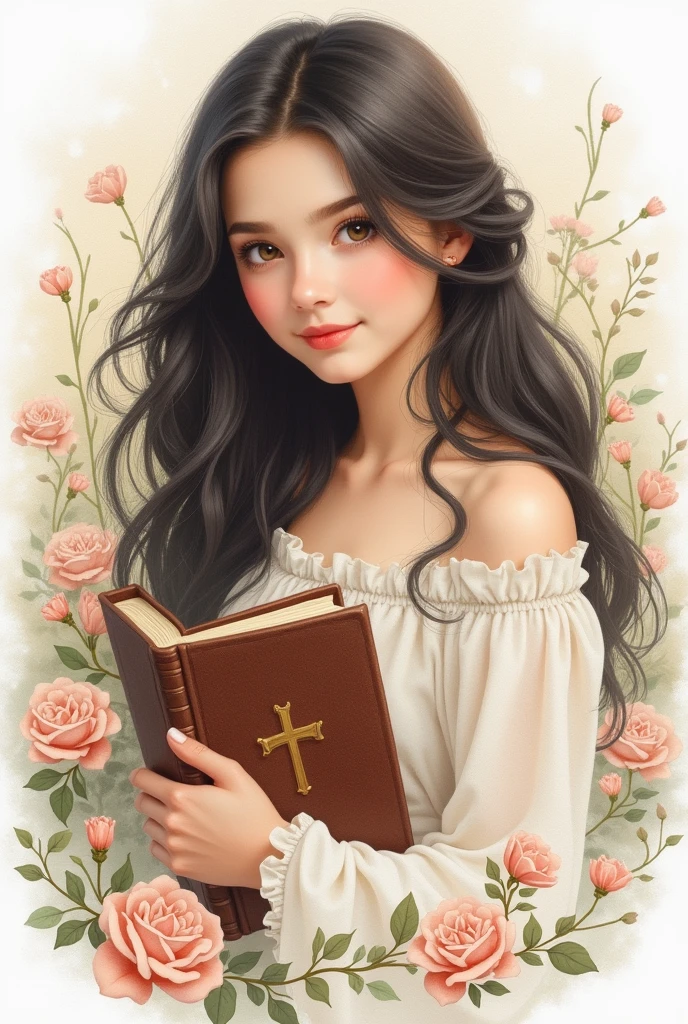 Cute cartoon, A Beautiful Girl with Holy Bible, blackquality hair, delicate and happy face, enchanted facial expression, espiritual, dreamy portrait style, delicate flowers, delicate soft colors, shabby chic, sleepycore, watercolor style, tons pastel