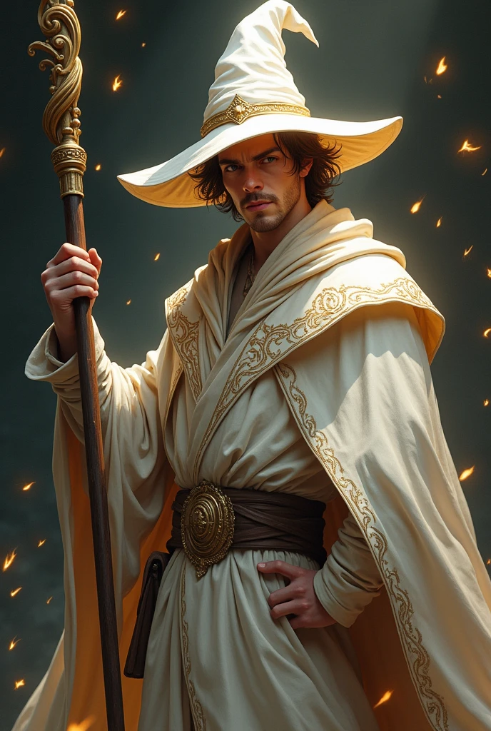 30 year old white wizard, naughty man, short brown hair, eyes covered by the brim of the pointed white hat, holding a magic staff, white medieval style robes, dark background with golden light and golden particles around the wizard. Estilo seaArt infinity