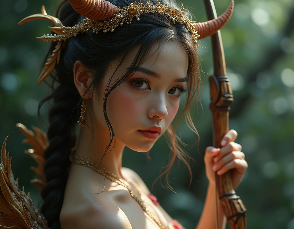 a beautiful young girl,a centaur disguise,she has a intricate fake centaur lower body attached at her waist,bow and arrow,sensuous,detailed face,beautiful eyes,beautiful lips,long eyelashes,elegant posture,serene expression,intricate centaur lower body,realistic textures,3d render,award winning digital art,vibrant colors,dramatic lighting,cinematic composition,fantasy art,photorealistic,studio lighting, ultra-detailed, (((whole body)))、(Realistic)、(masterpiece)、(Highest quality)、(High resolution:1.37)、(8k)、(Perfect Anatomy:1.4)、View your viewers
