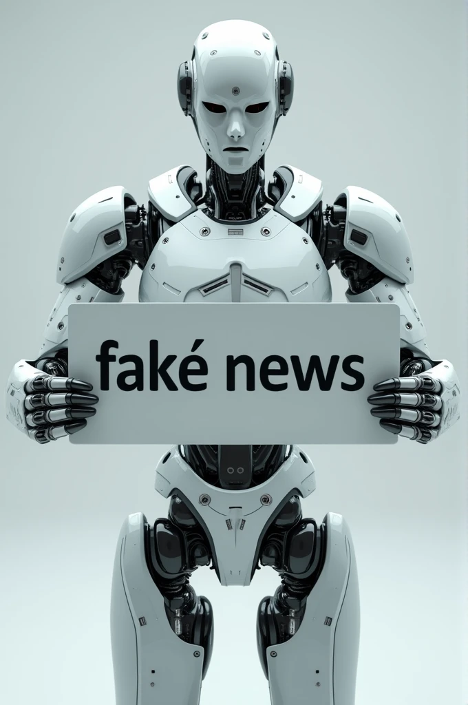 Create a robot holding a sign saying: isso é fake news.