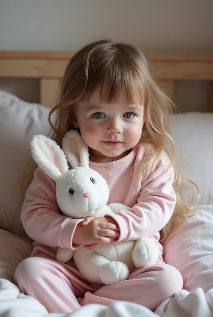 Make a little five year old girl with a , thin and small waist, Wide hips, by rubio, blue eyes. very large round giant breasts, with revealing and pink clothing, sitting on a bed hugging a white rabbit stuffed animal