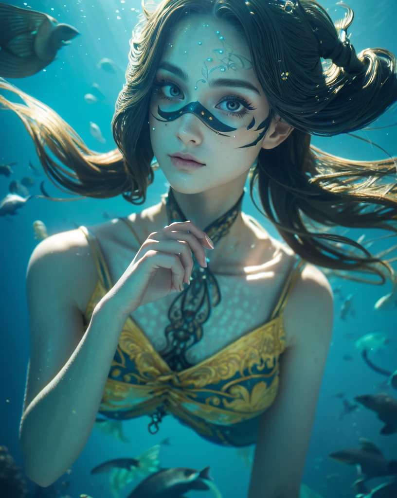 1 girl,Wear a dress,Disguise,Intricate dresses,Dynamic pose,In a mysterious underwater space,Amazing aquatic life,In bright light,
Confused, Unbelievable ridicule, Very detailedな, High resolution, Very detailed,
Highest quality,masterpiece,Artistically,Imaginative,C4D Rendering,