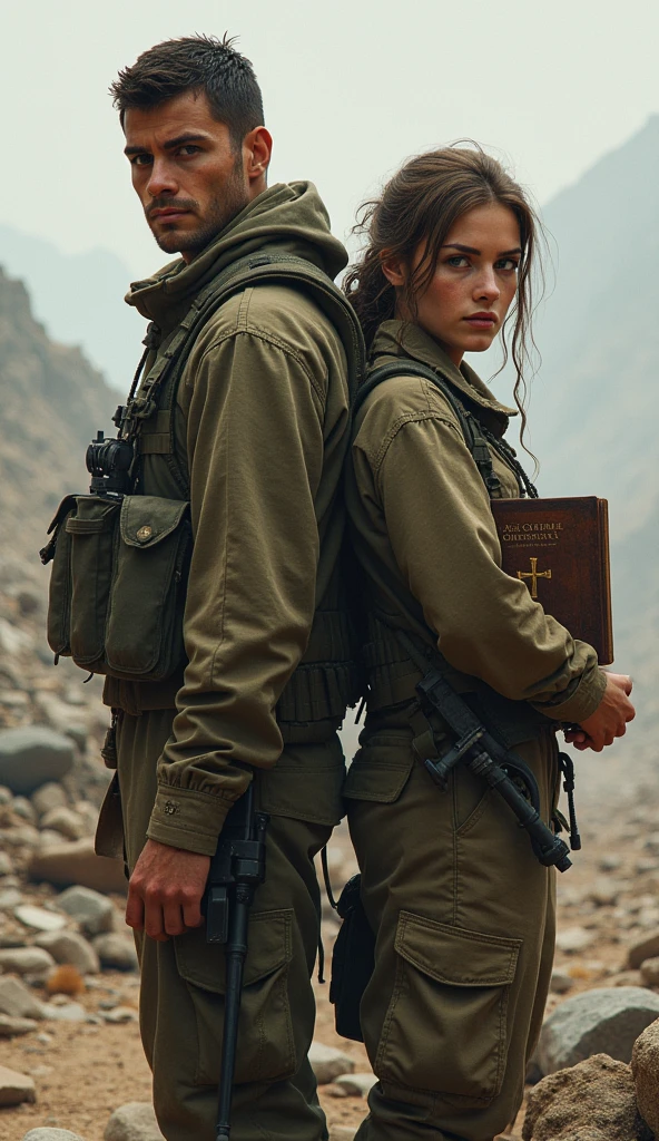 Two young soldiers (MALE AND FEMALE), back to back, with serious faces, with the bible in hand instead of a weapon. In inhospitable terrain, desolate because of the end of the world 