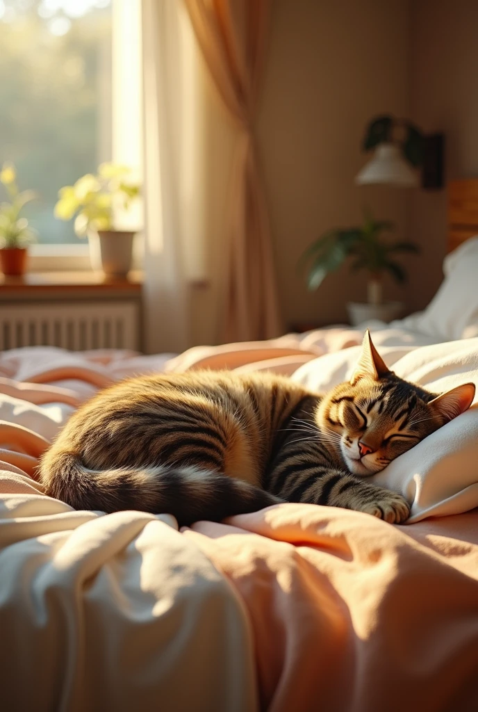 best quality,masterpiece,8k,photorealistic,ultra high res,extremely detailed,finely detail,ultra realistic,professional lighting,best shadow,sunlight,Lens Flare,Cat sleeping in bed house