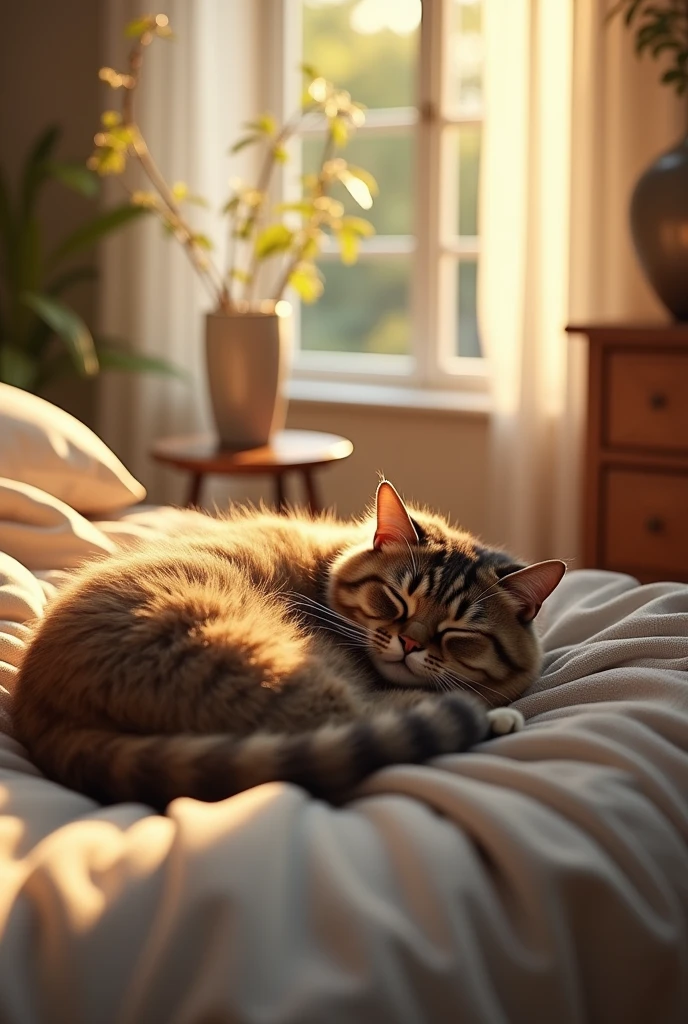 best quality,masterpiece,8k,photorealistic,ultra high res,extremely detailed,finely detail,ultra realistic,professional lighting,best shadow,sunlight,Lens Flare,Cat sleeping in bed house