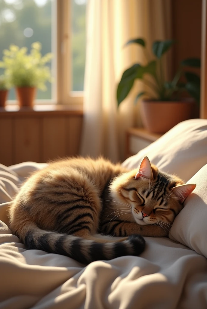 best quality,masterpiece,8k,photorealistic,ultra high res,extremely detailed,finely detail,ultra realistic,professional lighting,best shadow,sunlight,Lens Flare,Cat sleeping in bed house