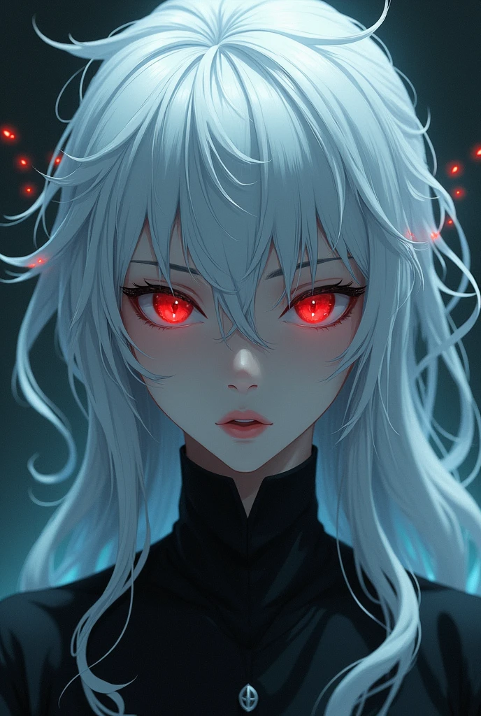 white haired asian, is 40 to 30 years old, tem um corte de cabelo jellyfish, she has red eyes and i want the anime jujutsu kaisen style