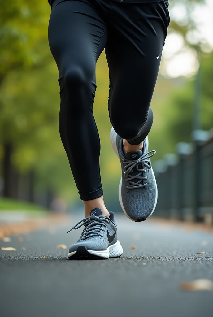 Image of a person running with Nike sports shoes, side view, image fixed on his shoes as if to place on a banner, urban park background