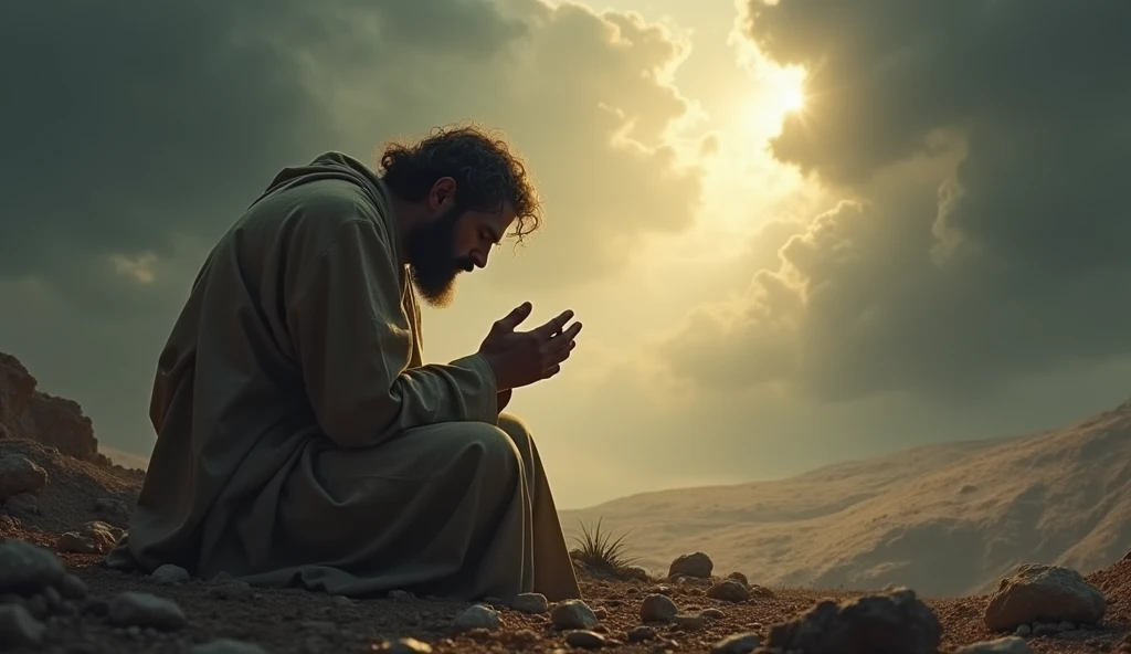 Create a dramatic and evocative YouTube thumbnail depicting the biblical figure Job. Show Job as a weary yet faithful man, sitting on the ground in a desolate landscape, with his hands clasped in prayer. Above him, depict a bright, divine light breaking through dark clouds, symbolizing hope and God's presence.