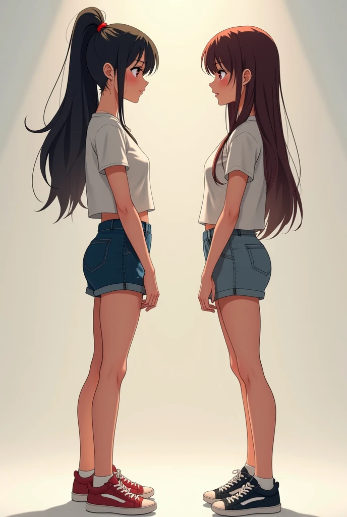 Two beautiful young woman, very beautiful with a realistic detailed face, standing, they are talking, they are wearing t-shirts, little skirts and sneakers, friendly vibe, anime style, realistic wide portrait