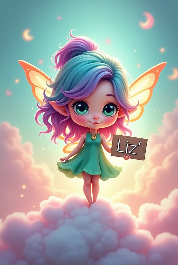 A whimsical fantasy illustration of a chibi fairy woman with turquoise, rose, and purple hair. She is wearing a green dress and has iridescent fairy wings. She is standing on a cloud and holding a sign that reads "LIZ'". The background is a dreamy blend of pastel colors and soft light, creating a magical, otherworldly atmosphere.