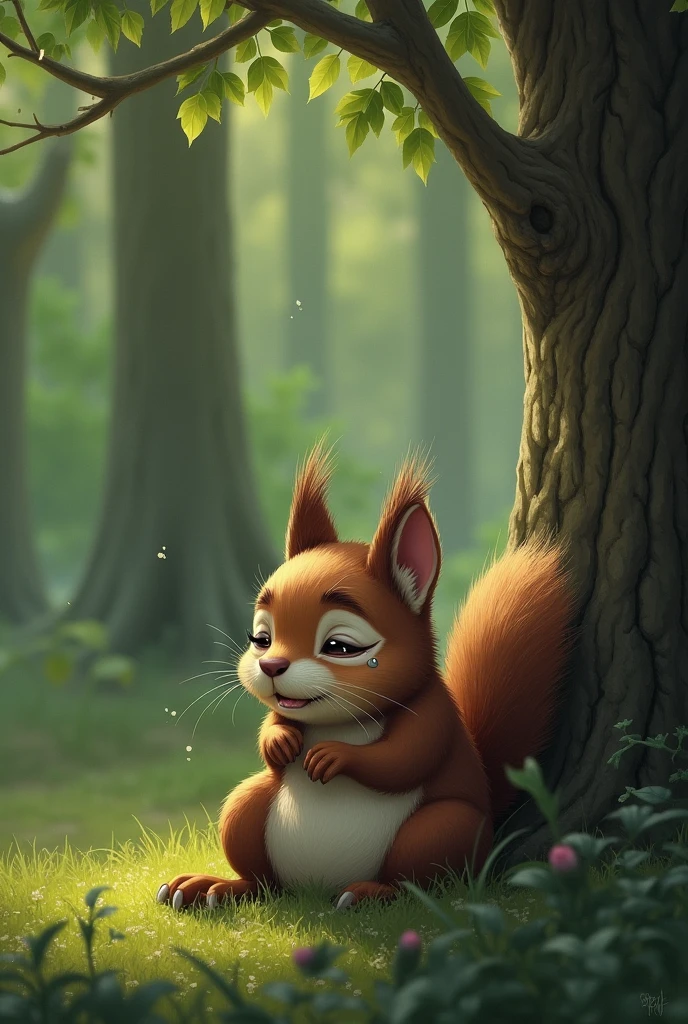 A male squirrel laying down while crying while looking at a tree  